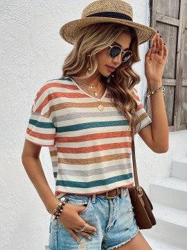 Vintage Striped T-Shirt, V Neck Short Sleeve T-Shirt, Casual Every Day Tops, Women's Clothing