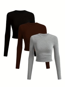 Solid Crew Neck T-shirt 3 Pack, Versatile Long Sleeve Ruched Crop Slim T-shirt For Spring & Fall, Women's Clothing
