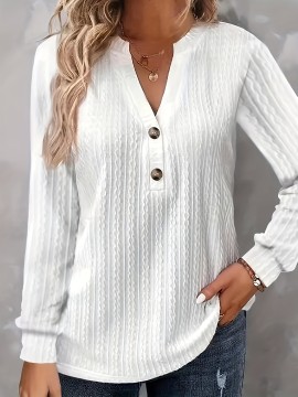 Textured Button Front V Neck T-Shirt, Casual Long Sleeve Top For Spring & Fall, Women's Clothing