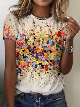 Colorful Abstract Print Crew Neck T-Shirt, Casual Short Sleeve Top For Spring & Summer, Women's Clothing