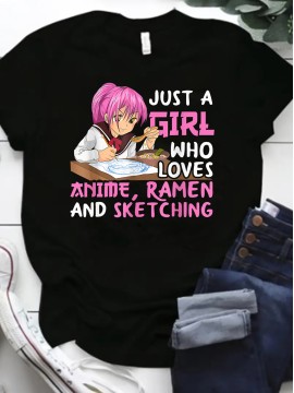 Anime & Letter Print Crew Neck T-Shirt, Casual Short Sleeve Top For Spring & Summer, Women's Clothing