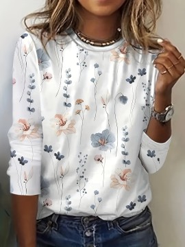 Floral Print Crew Neck T-shirt, Casual Long Sleeve T-shirt For Spring & Summer, Women's Clothing
