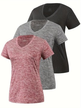 3 Packs Solid Color V Neck T-shirt, Casual Short Sleeve High Stretch T-Shirt For Summer, Women's Clothing