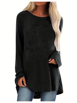 Solid Raglan Sleeve T-shirt, Casual Crew Neck Mid Length Summer T-shirt, Women's Clothing