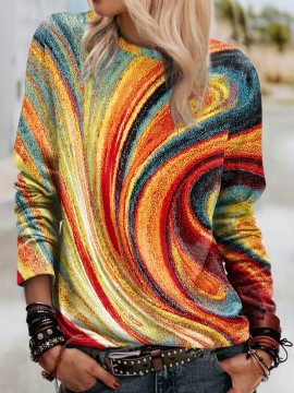 Abstract Print T-shirt, Casual Crew Neck Long Sleeve T-shirt, Women's Clothing