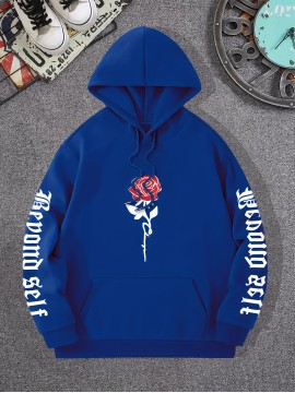 Men's Rose Artistic Letters Print Hooded Sweatshirt - Casual Long Sleeve Pullover for Autumn/Winter