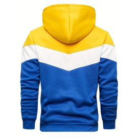 Kangaroo Pocket Drawstring Hoodie, Men's Casual Patchwork Color Block Slightly Stretch Hooded Sweatshirt For Spring Fall