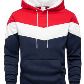 Kangaroo Pocket Drawstring Hoodie, Men's Casual Patchwork Color Block Slightly Stretch Hooded Sweatshirt For Spring Fall