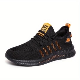 Men's Trendy Breathable Knit Striped Walking Shoes, Casual Outdoor Comfortable Lace-up Sneakers