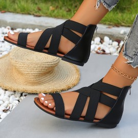 Women's Flat Sandals, Casual Elastic Band Summer Shoes, Lightweight Back Zipper Sandals