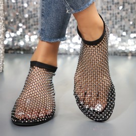 Women's Rhinestone Mesh Flat Sandals, Fashion Hollow Out Slip On Summer Shoes, Casual Outdoor Beach Sandals