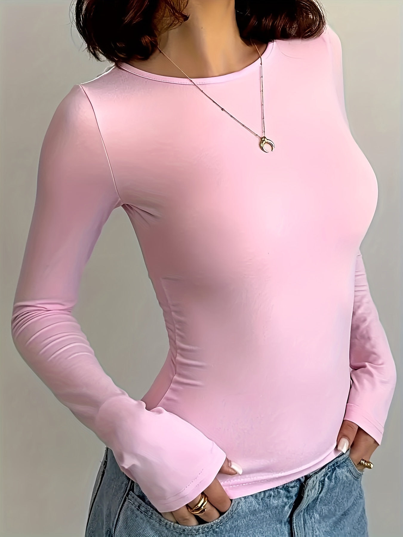 solid t shirts, 2 packs solid t shirts casual long sleeve crew neck slim t shirt womens clothing details 3