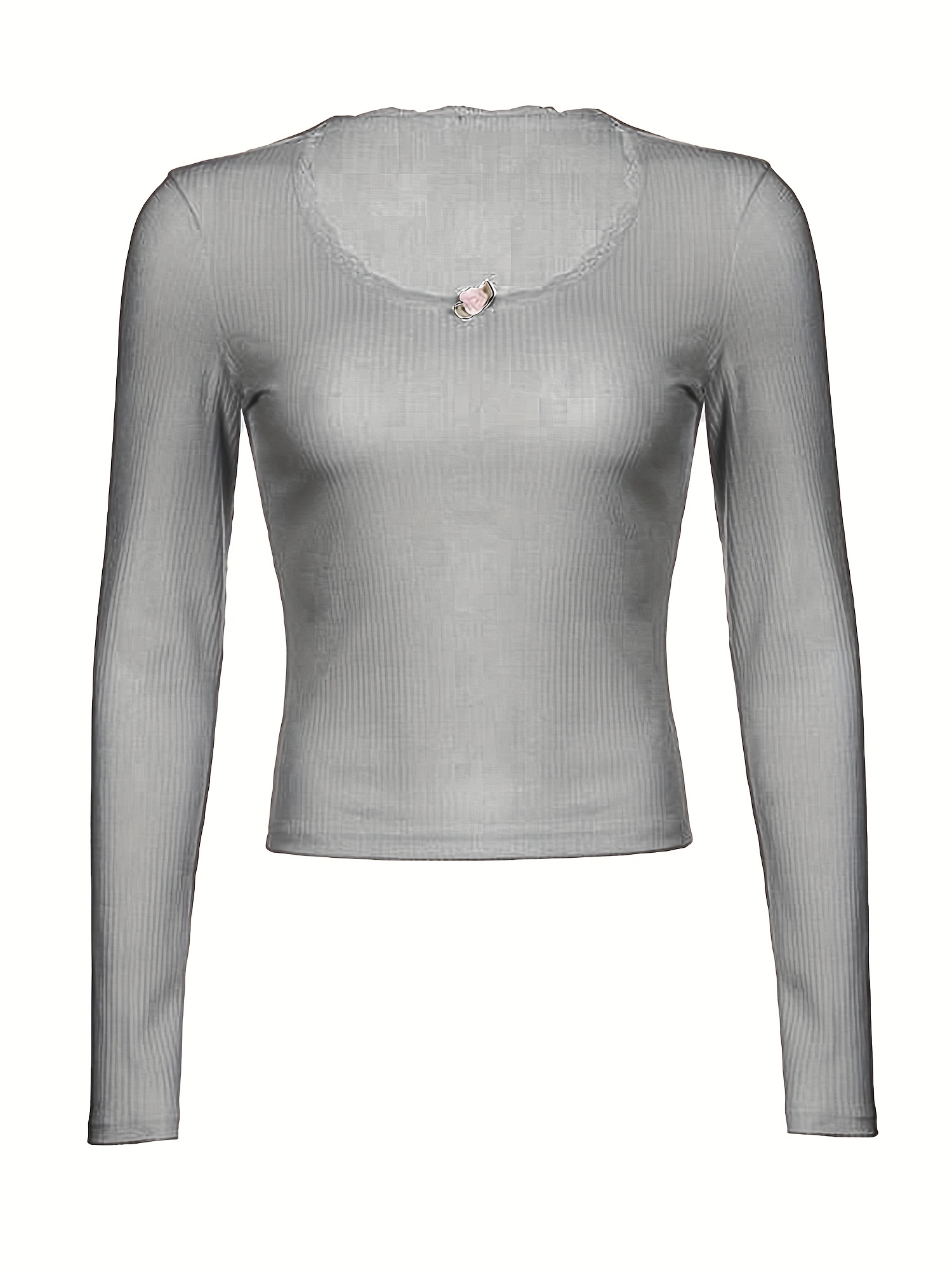lace trim ribbed crew neck t shirt casual long sleeve top for spring fall womens clothing details 7
