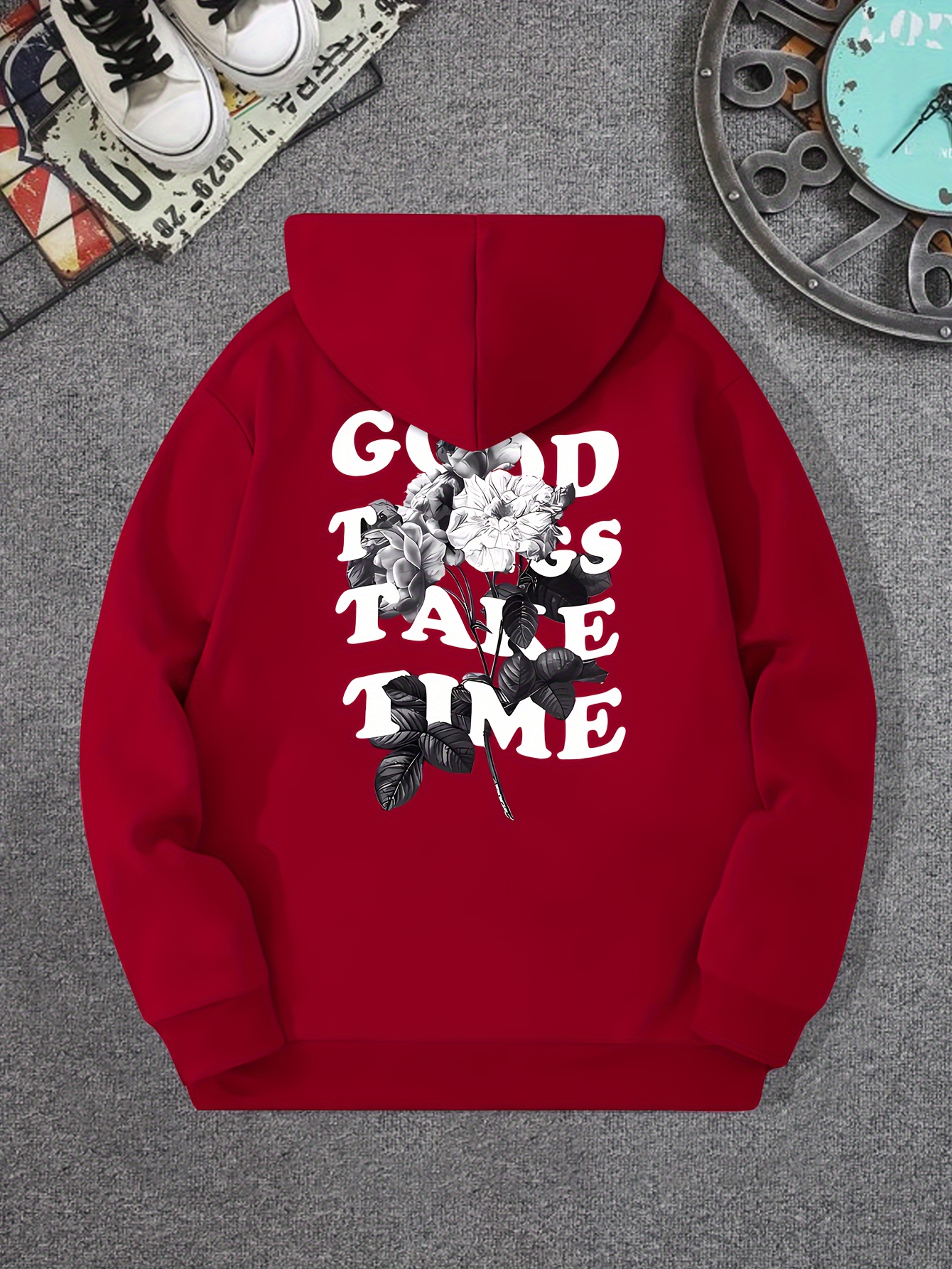good things take time flower print mens pullover round neck long sleeve hooded sweatshirt pattern loose casual top for autumn winter mens clothing as gifts details 1