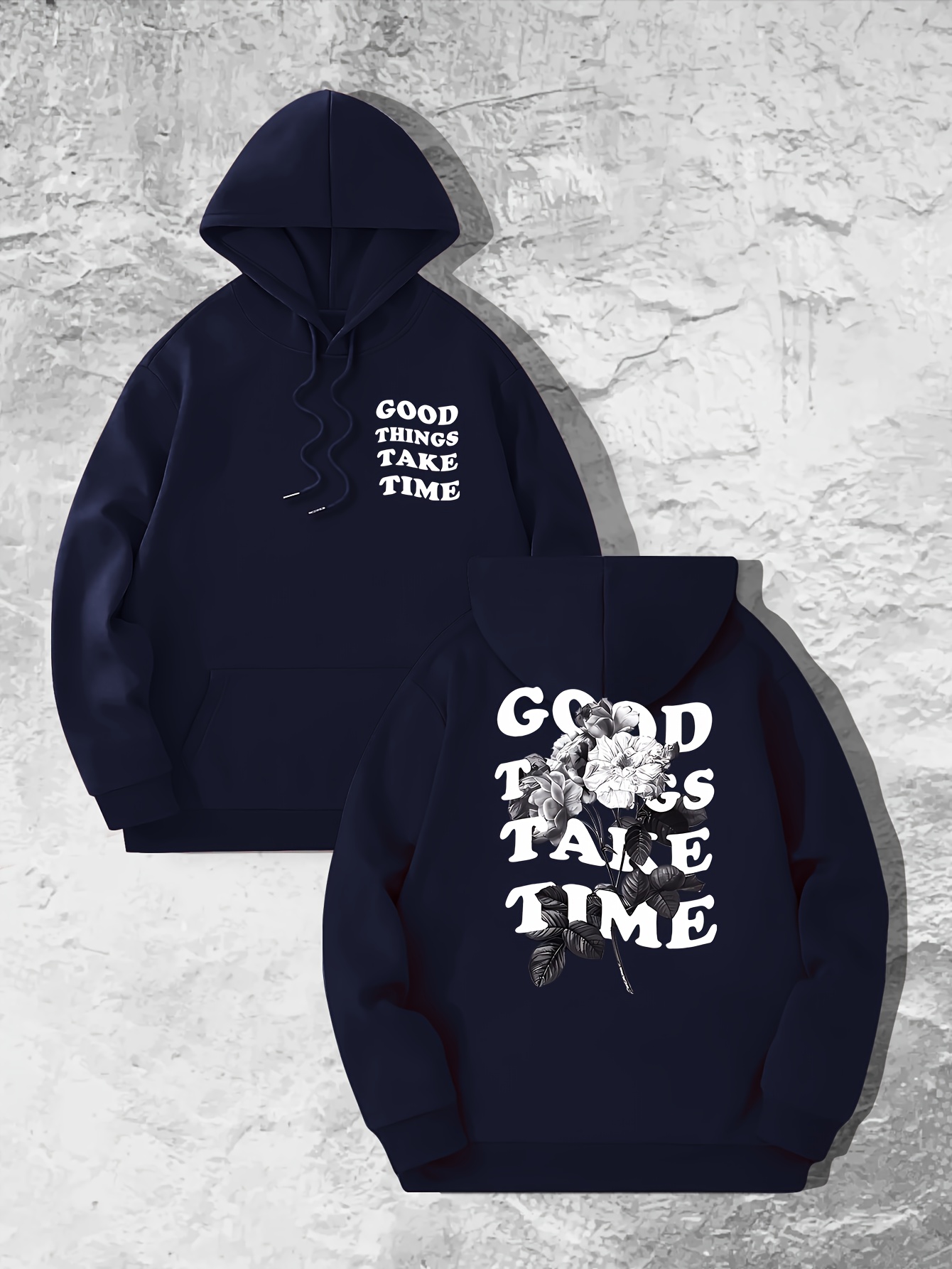 good things take time flower print mens pullover round neck long sleeve hooded sweatshirt pattern loose casual top for autumn winter mens clothing as gifts details 30