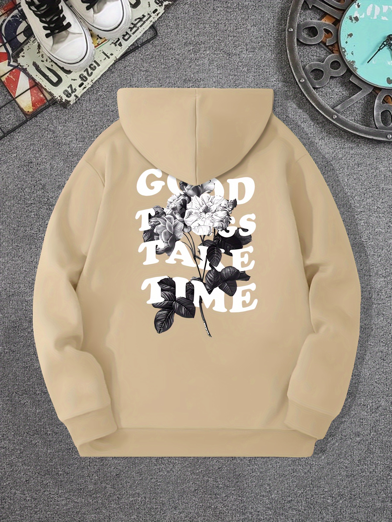 good things take time flower print mens pullover round neck long sleeve hooded sweatshirt pattern loose casual top for autumn winter mens clothing as gifts details 40