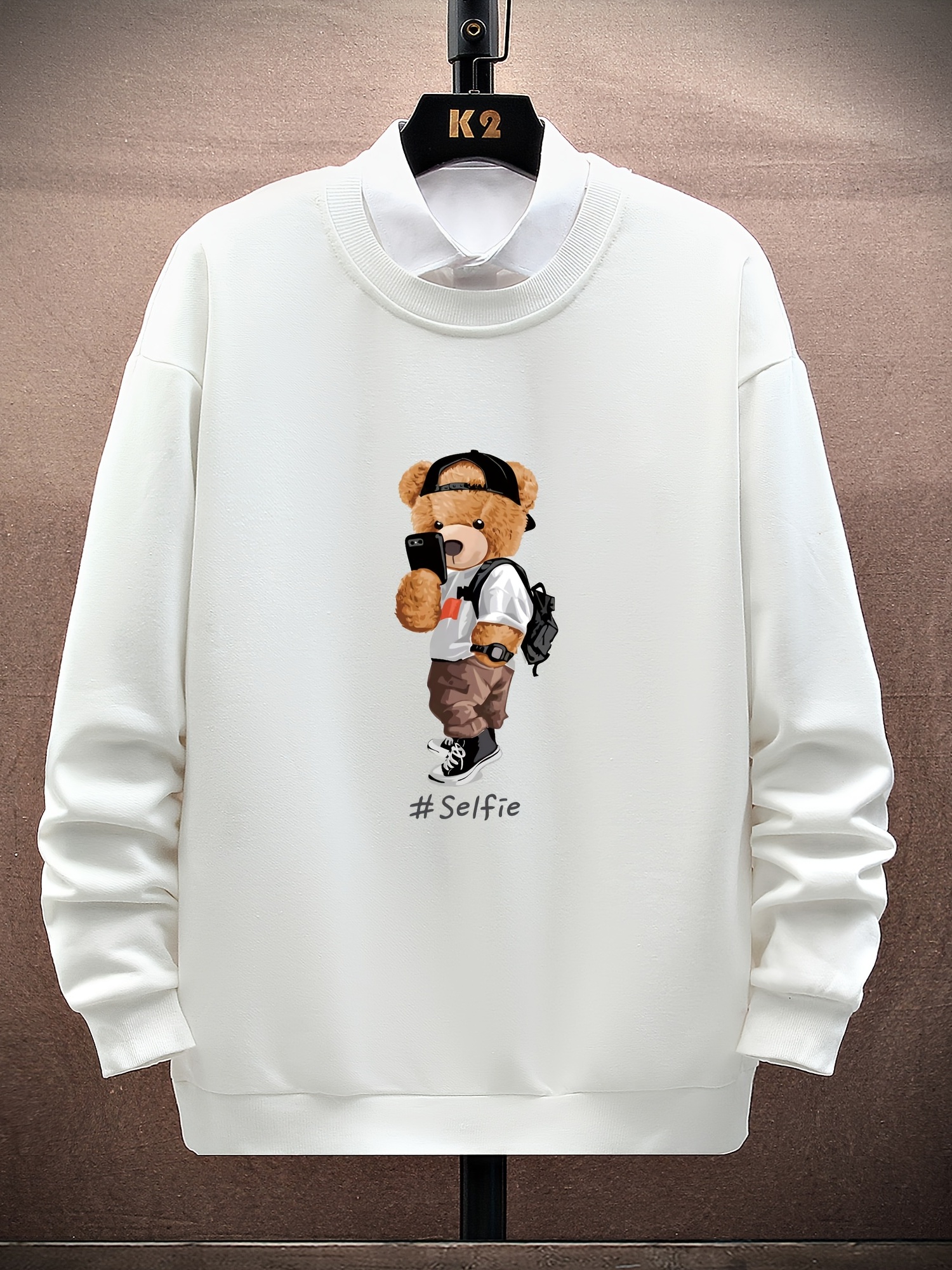 mens cartoon bear selfie print casual round neck pullover sweatshirt details 6