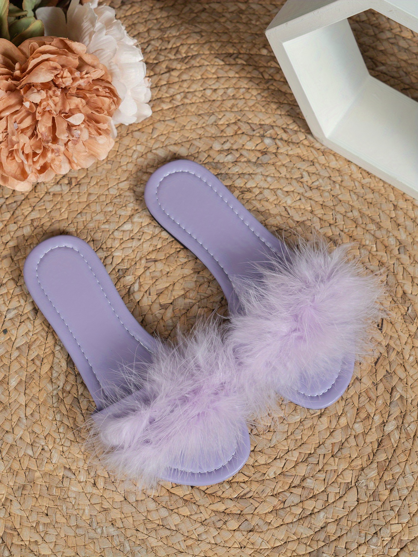 womens fluffy feather slides solid color open toe single band flats casual daily slide sandals details 14